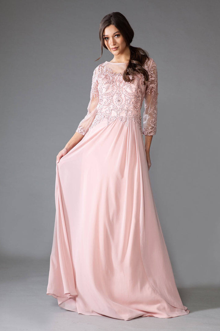 Sheer Sleeves Embroidered Lace Bodice Long Mother Of The Bride Dress AC7043