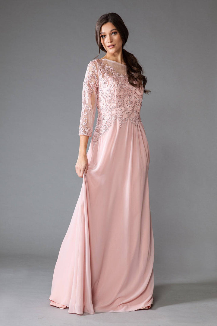 Sheer Sleeves Embroidered Lace Bodice Long Mother Of The Bride Dress AC7043