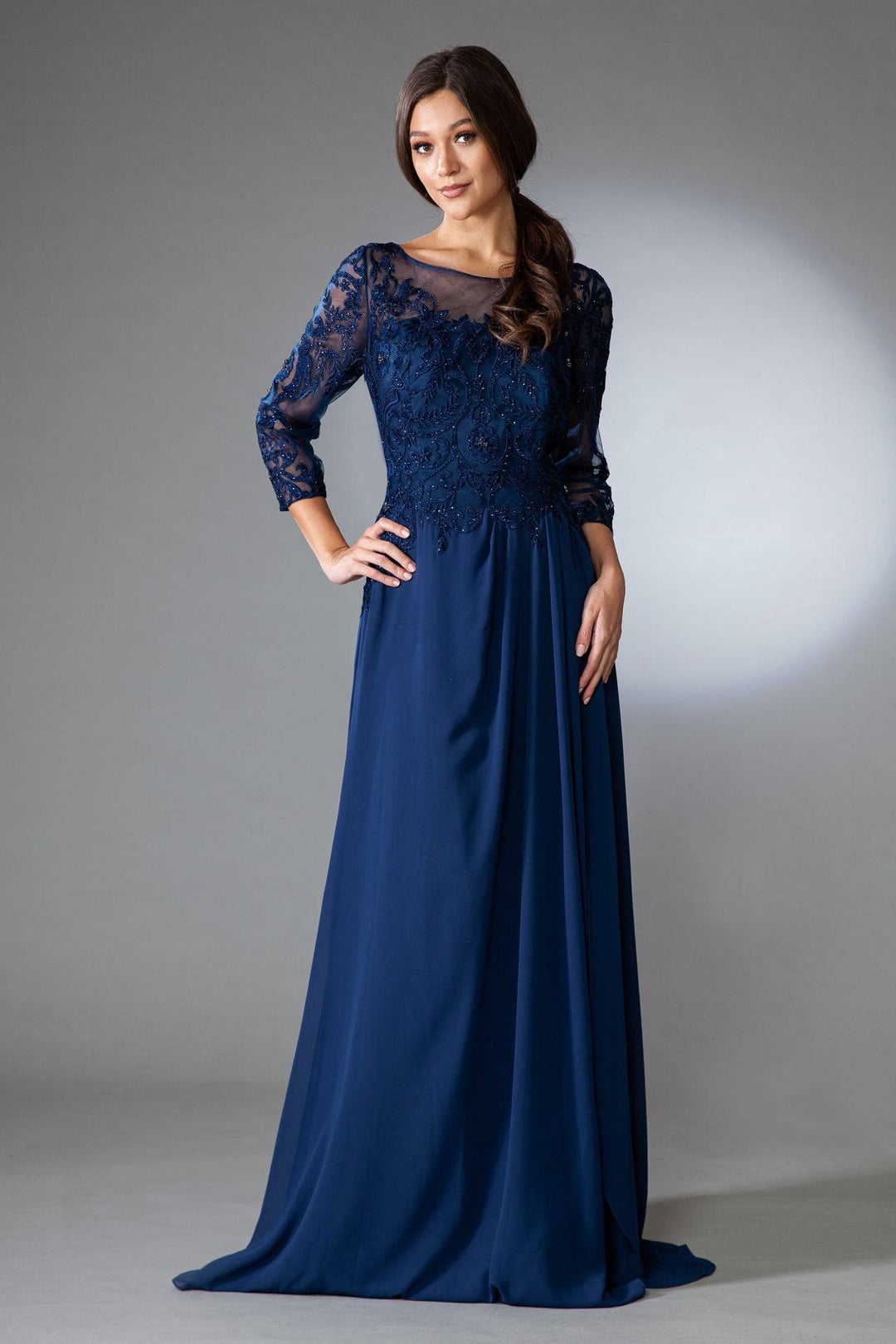 Sheer Sleeves Embroidered Lace Bodice Long Mother Of The Bride Dress AC7043