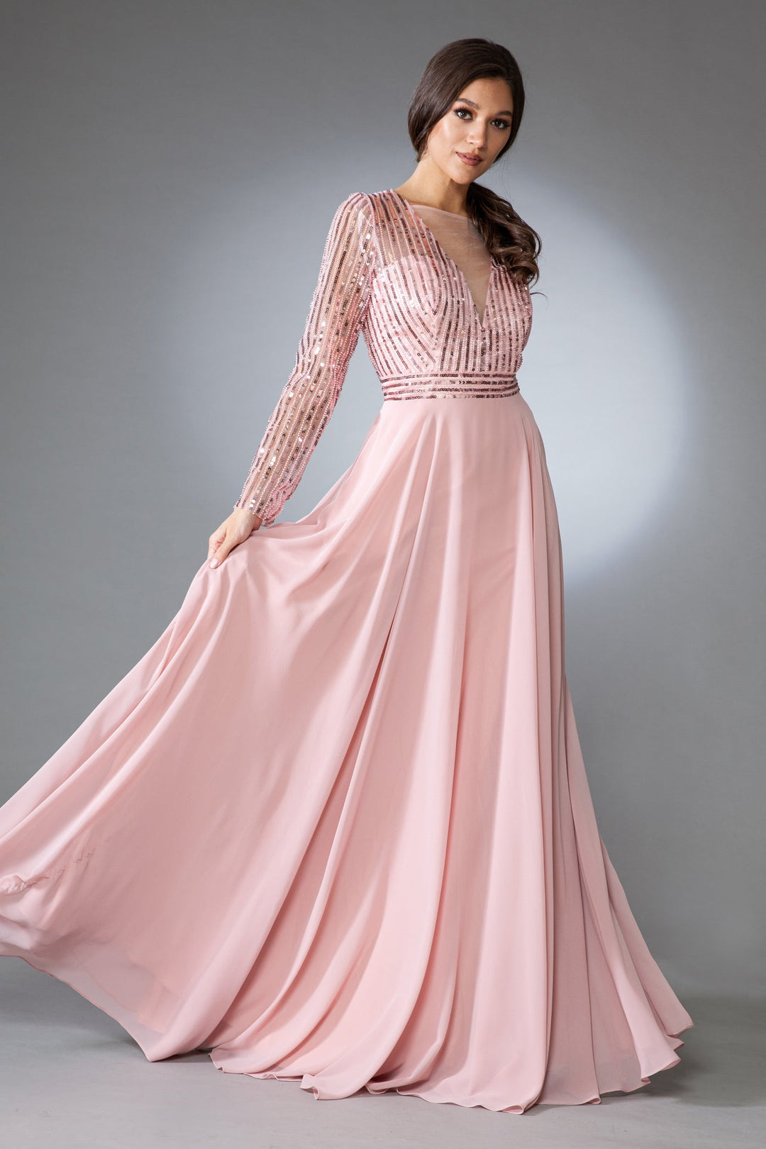 Long Sleeves A-Line Chiffon Skirt Illusion V-Neck Long Mother Of The Bride Dress AC7036-1