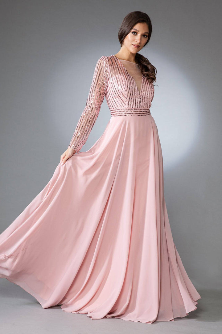 Long Sleeves A-Line Chiffon Skirt Illusion V-Neck Long Mother Of The Bride Dress AC7036