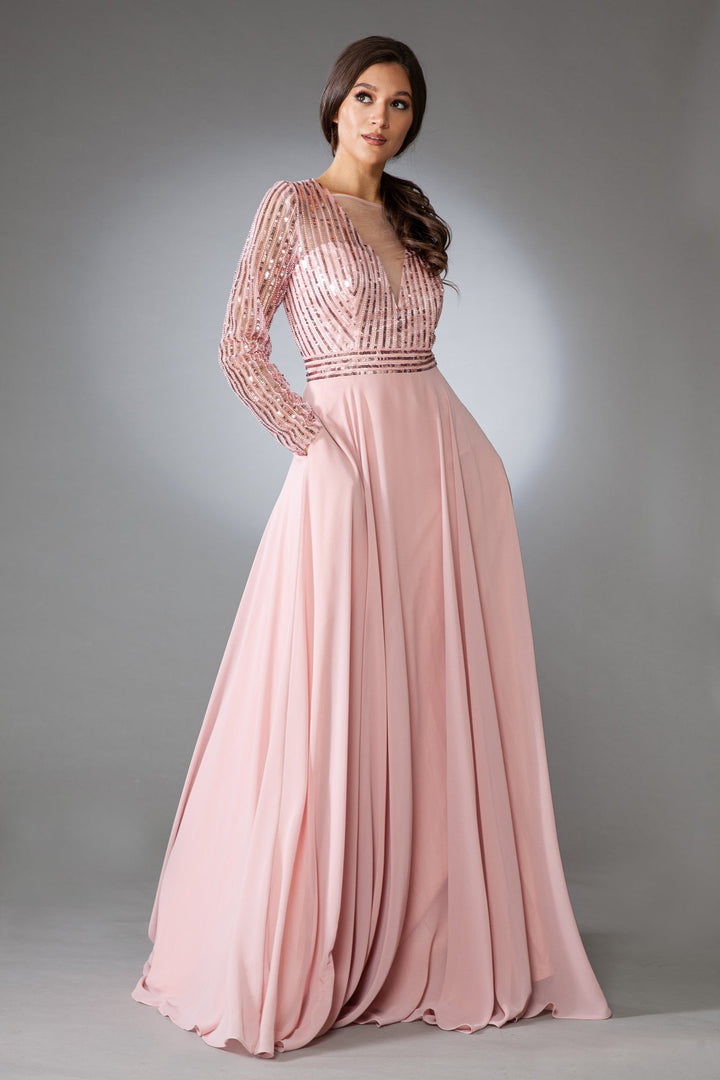 Long Sleeves A-Line Chiffon Skirt Illusion V-Neck Long Mother Of The Bride Dress AC7036-2