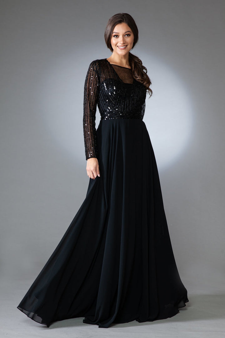 Long Sleeves A-Line Chiffon Skirt Illusion V-Neck Long Mother Of The Bride Dress AC7036-4