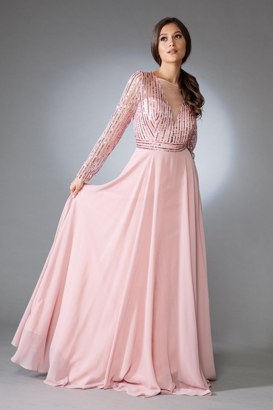 Long Sleeves A-Line Chiffon Skirt Illusion V-Neck Long Mother Of The Bride Dress AC7036-3