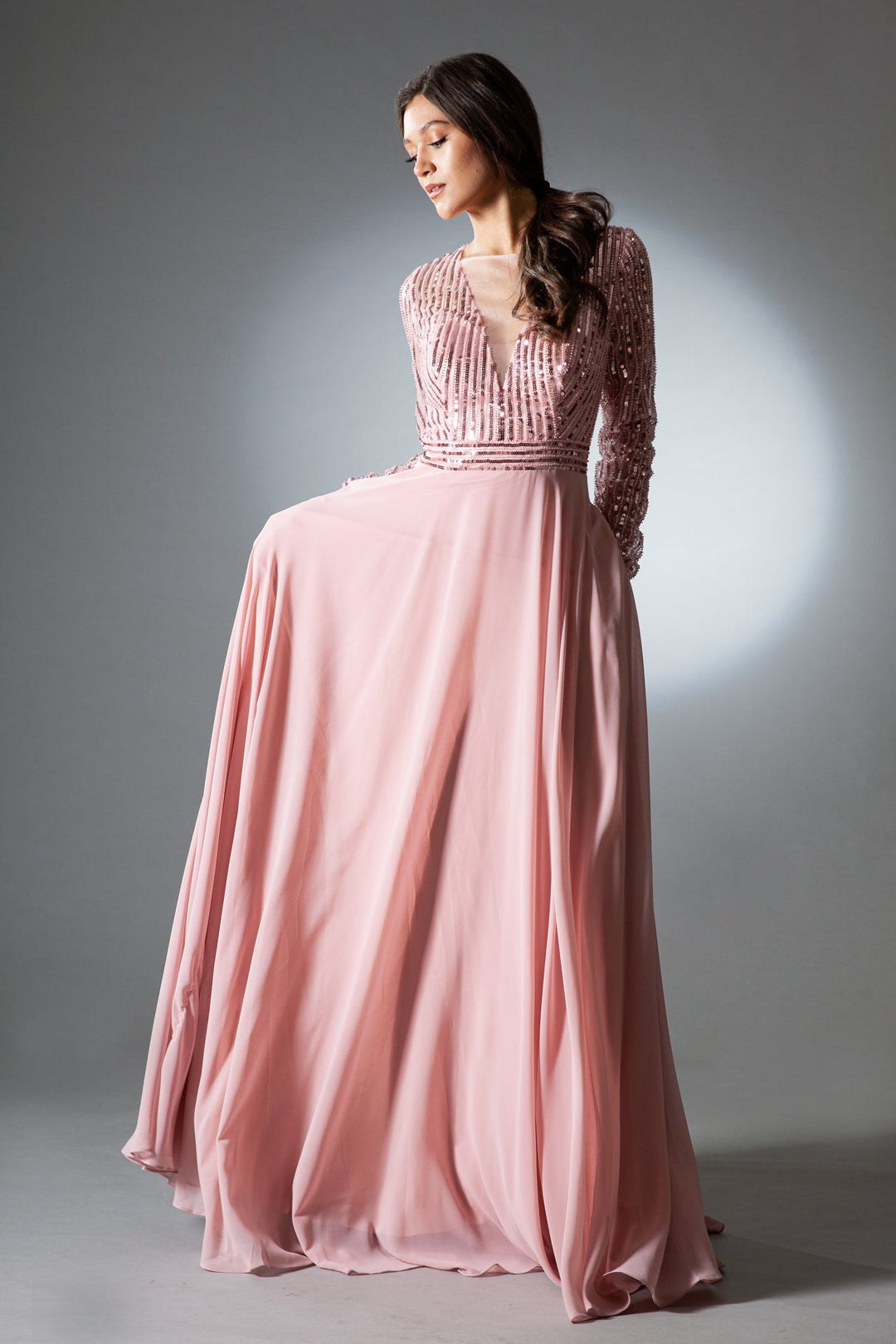 Long Sleeves A-Line Chiffon Skirt Illusion V-Neck Long Mother Of The Bride Dress AC7036-0
