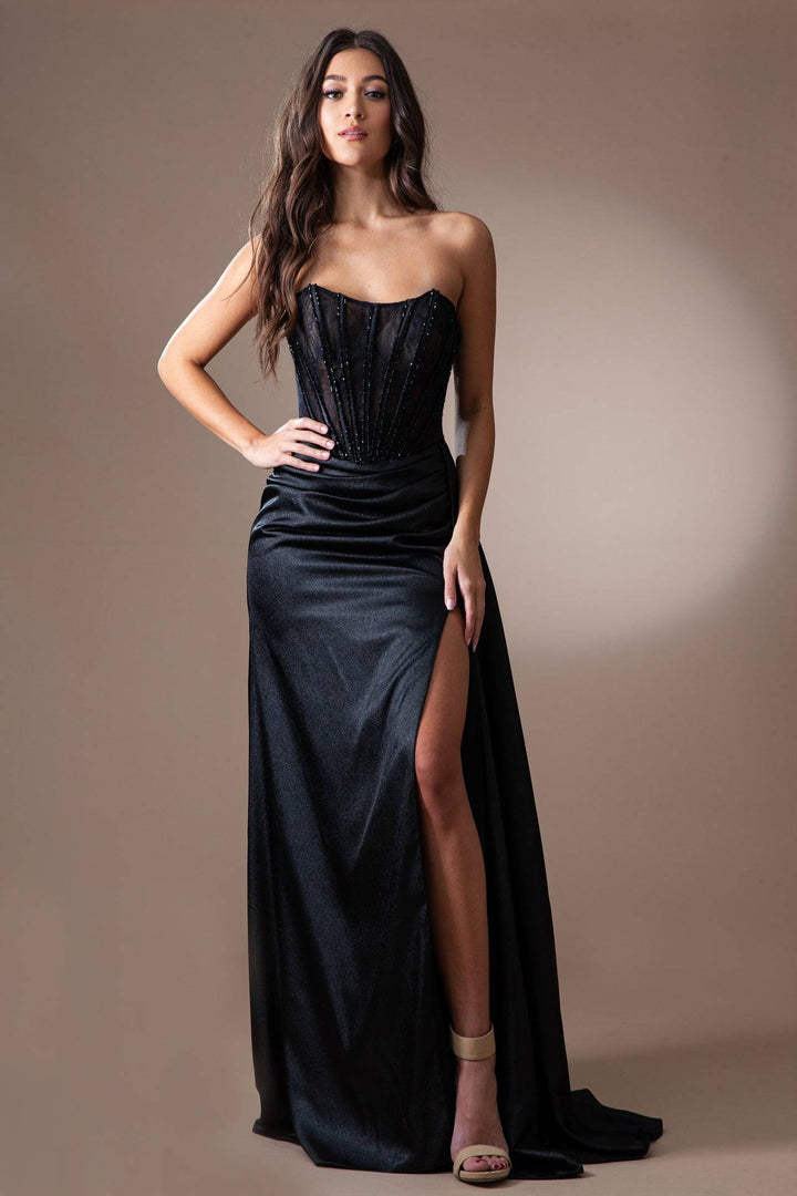 Side Slit Straight Across Satin Corset Back Long Prom Dress AC5054