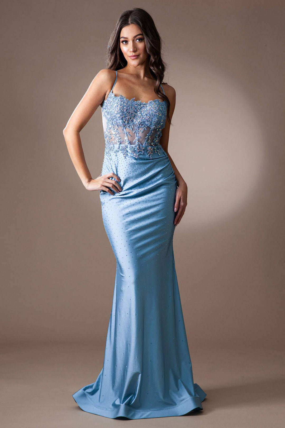 Open Back Embroidered Bodice Trumpet Long Prom Dress ACTM1018