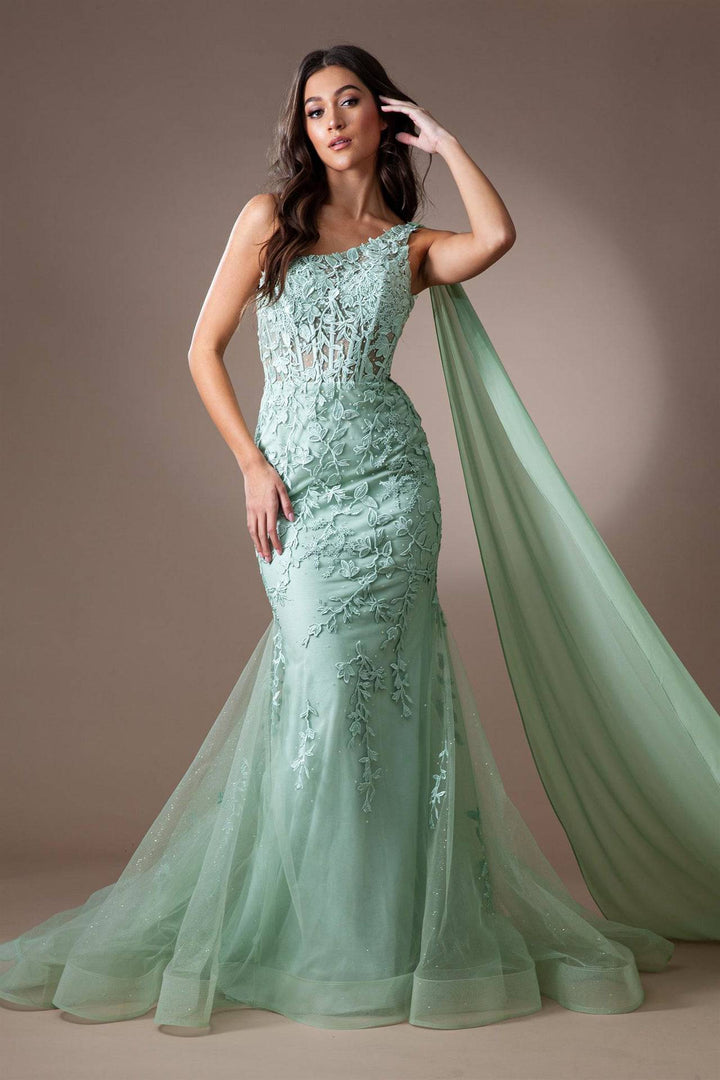 One Shoulder Embroidered Lace Mermaid Long Prom Dress AC7048