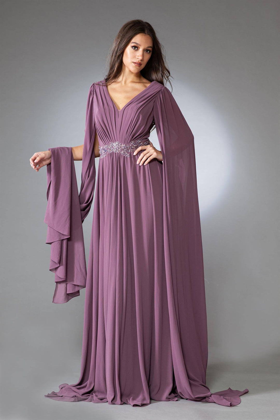 V-Neck Open V-Back Chiffon Long Mother Of The Bride Dress ACAC0011