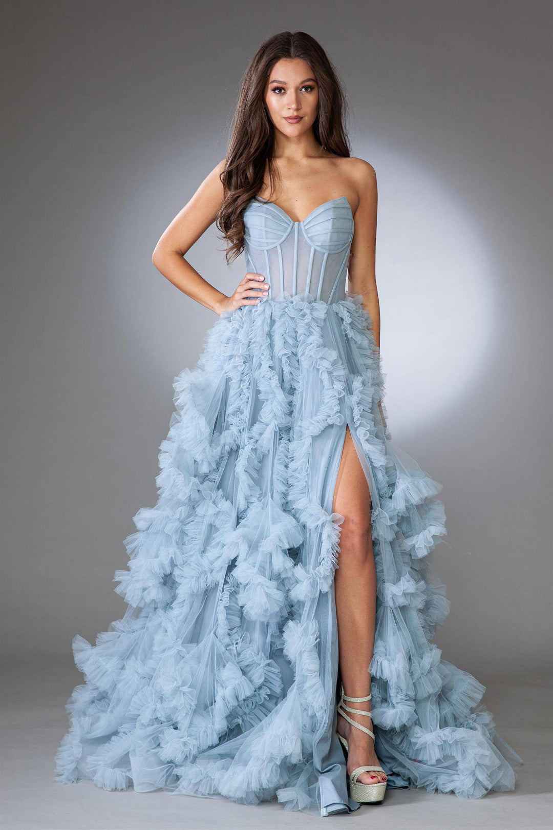 Ruffle Skirt Sweetheart A-Line Sheer Bodice Long Prom Dress ACAC0019