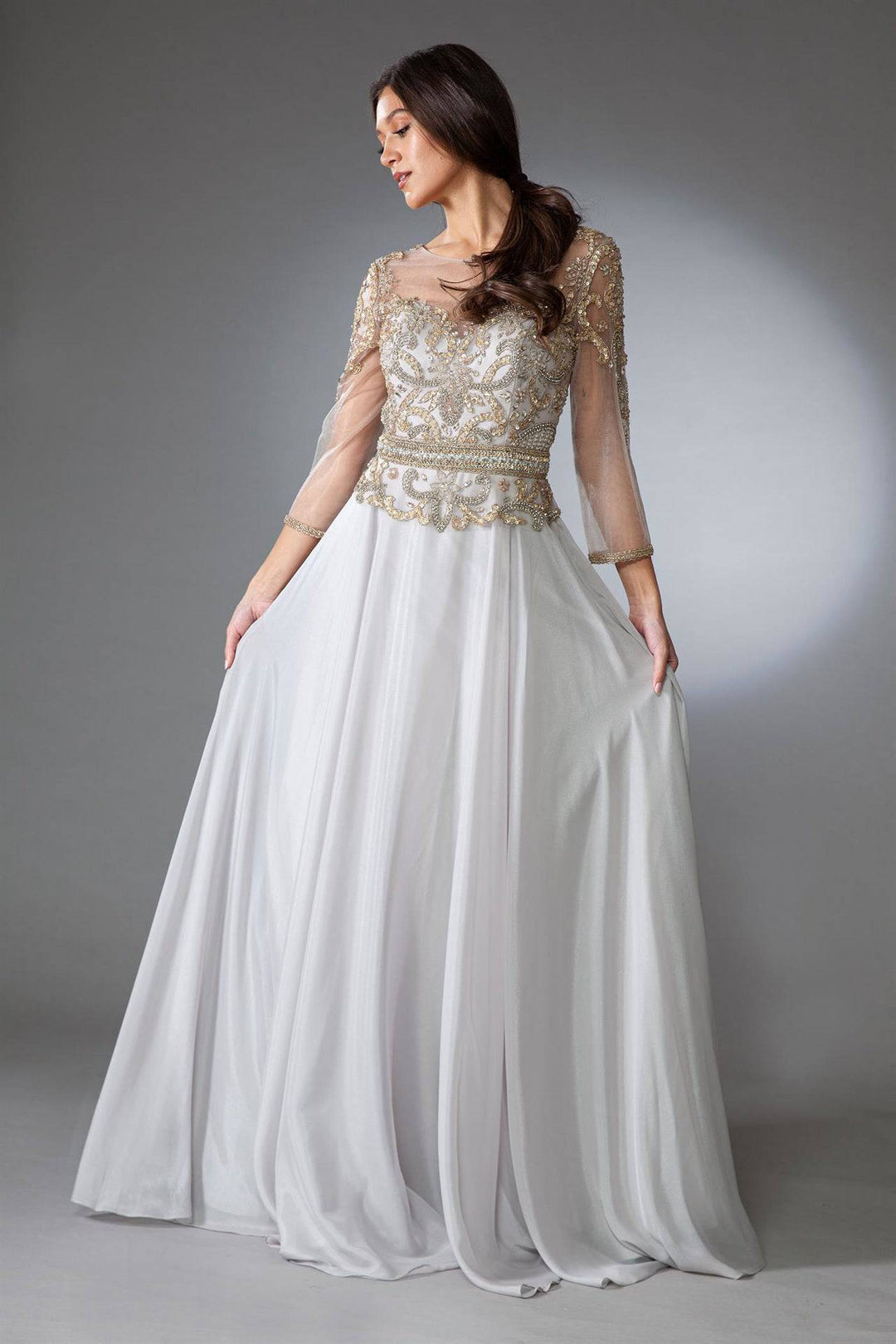 Embroidered Bodice Sheer Back Long Mother Of The Bride Dress AC7041