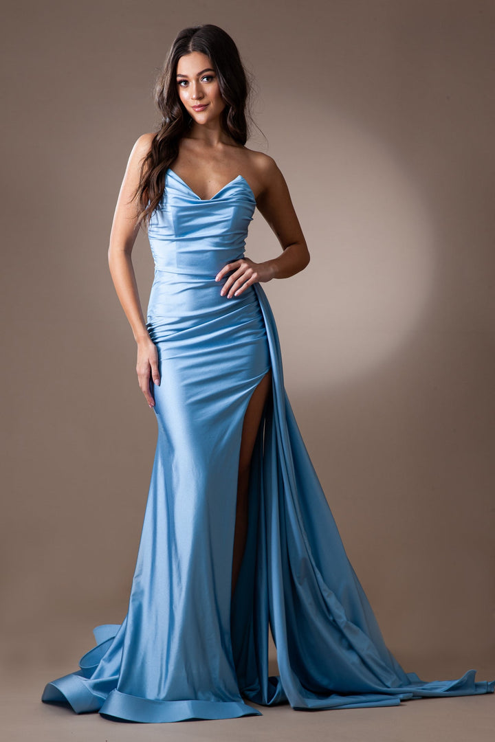 Cowl Neck Side Slit Spaghetti Straps Fitted Long Prom Dress AC3013-9