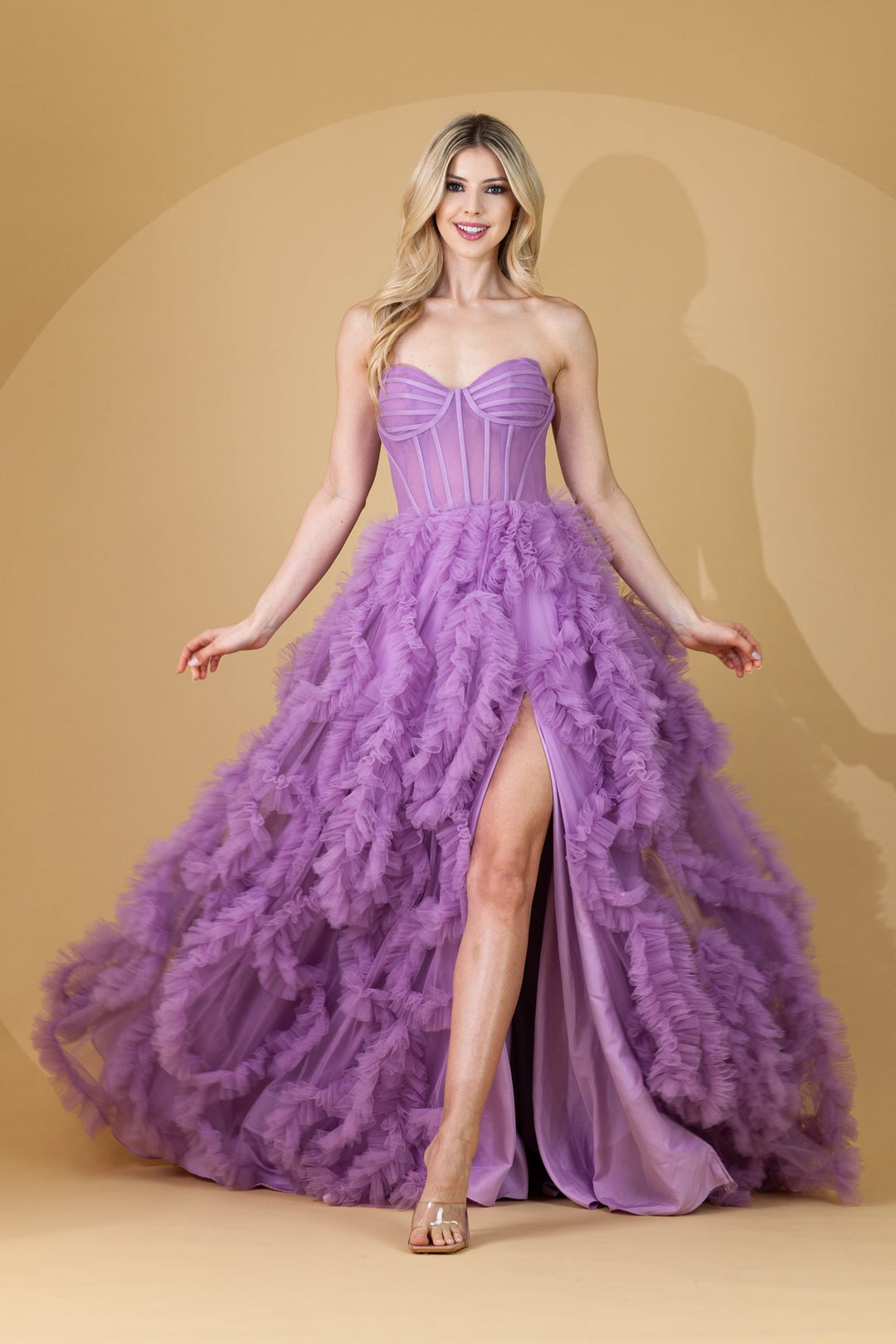Ruffle Skirt Sweetheart A-Line Sheer Bodice Long Prom Dress ACAC0019-0