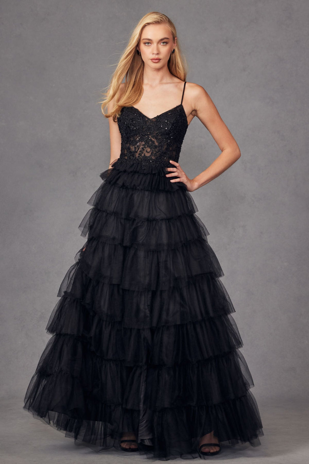 Ruffle Tulle Lace Corset Bodice And Lace Up Back Prom Dress JTJT2451S-4