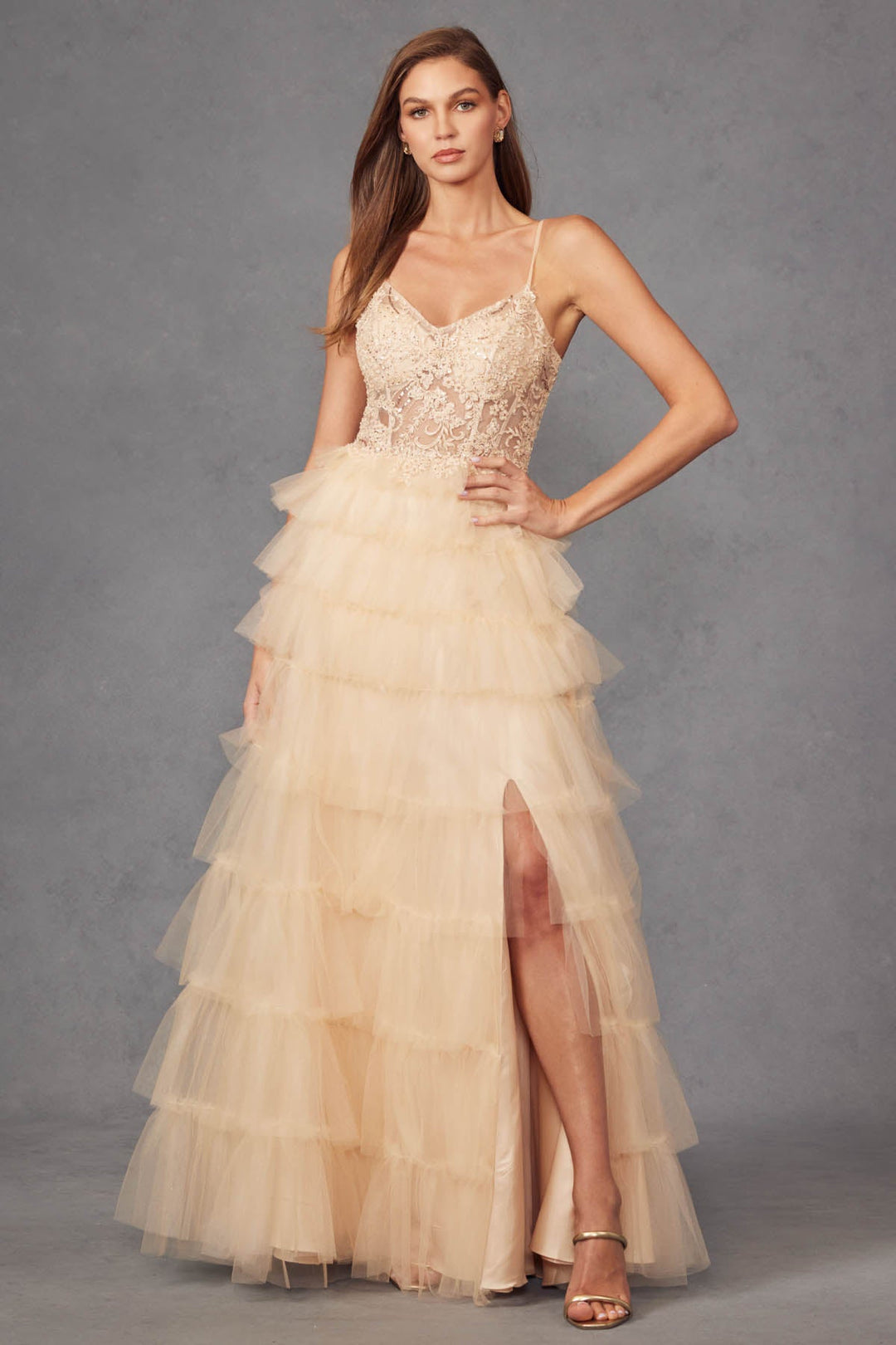 Ruffle Tulle Lace Corset Bodice And Lace Up Back Prom Dress JTJT2451S-5