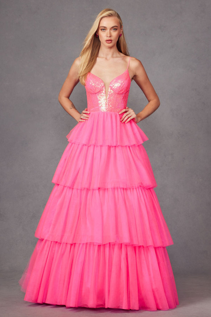 Tulle Ruffle Sequin Bodice V-Neckline Long Prom Dress JTJT2457H-2