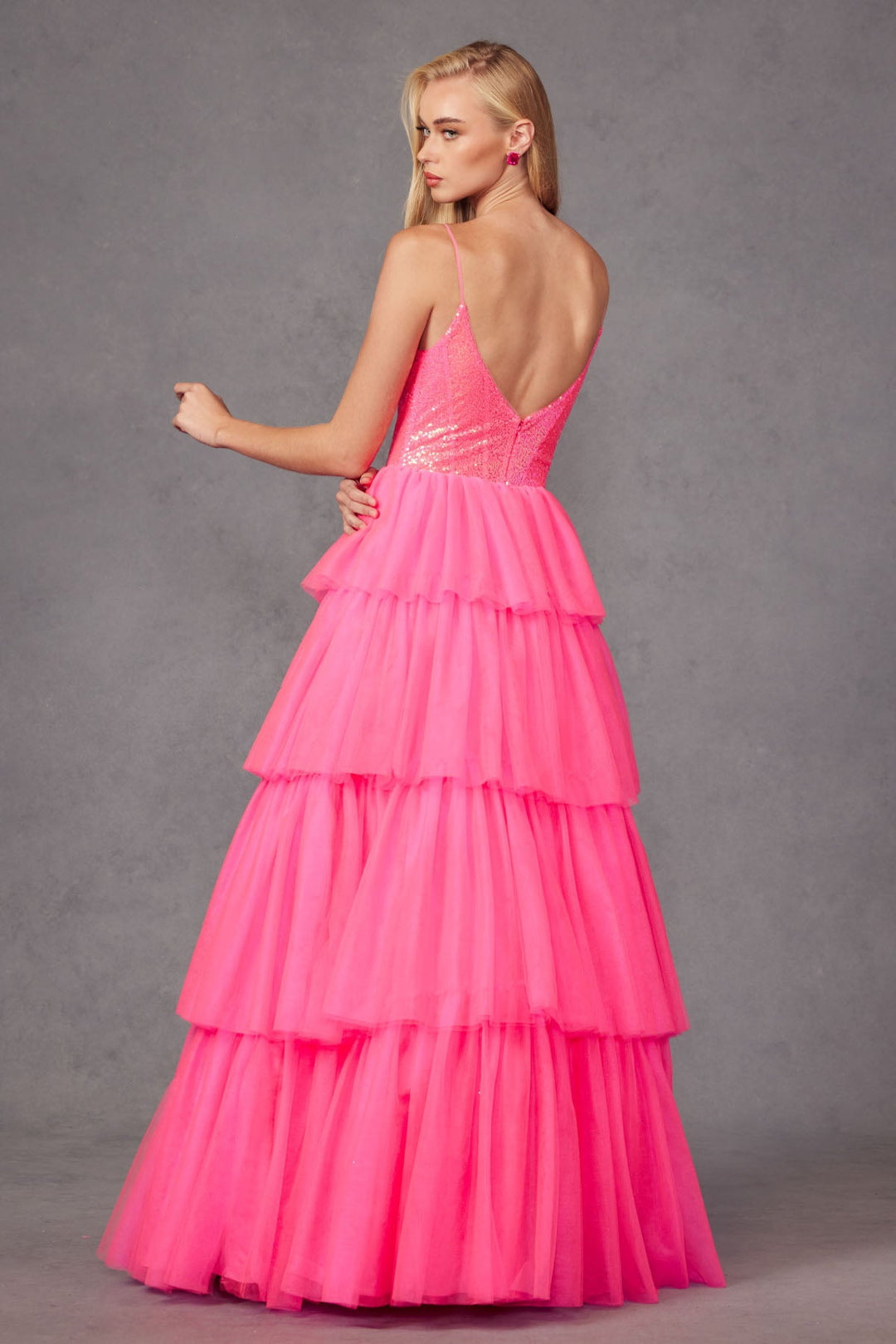 Tulle Ruffle Sequin Bodice V-Neckline Long Prom Dress JTJT2457H-3