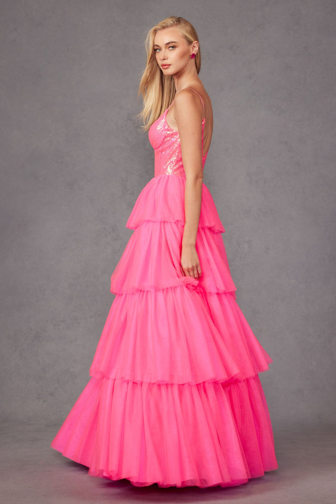 Tulle Ruffle Sequin Bodice V-Neckline Long Prom Dress JTJT2457H-4