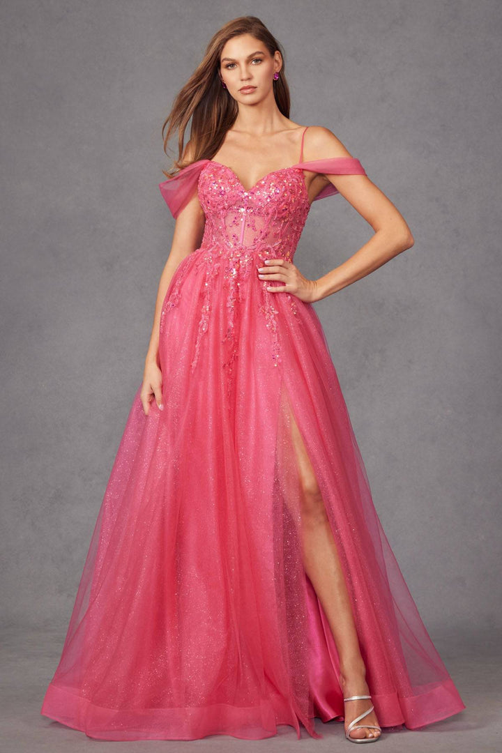 Sequin Corset Off The Shoulder Sleeves Sparkle Tulle Skirt Long Prom Dress JTJT2466A