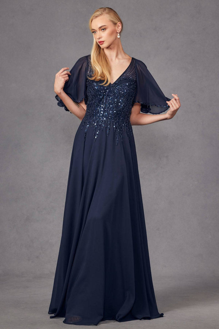 Chiffon Sleeves Deep V-Neck Embroidered Sequin Long Mother Of The Bride Dress JTJTM14F