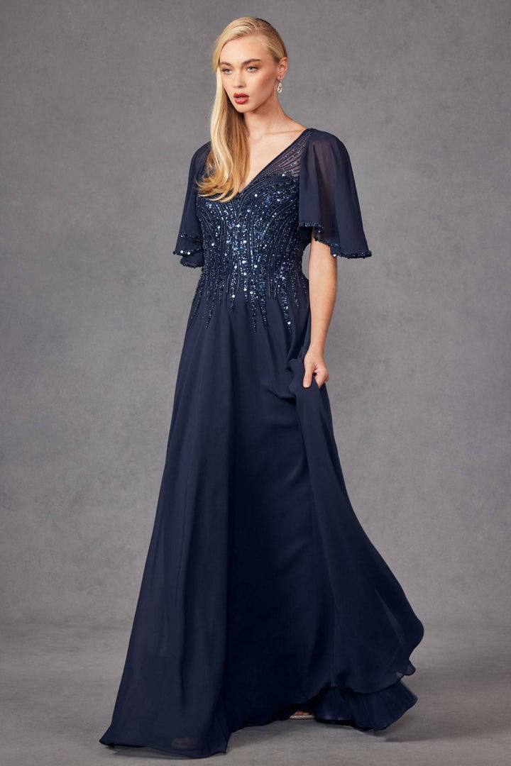 Chiffon Sleeves Deep V-Neck Embroidered Sequin Long Mother Of The Bride Dress JTJTM14F