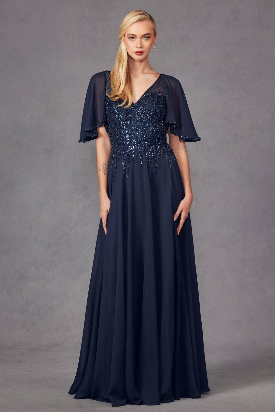 Chiffon Sleeves Deep V-Neck Embroidered Sequin Long Mother Of The Bride Dress JTJTM14F