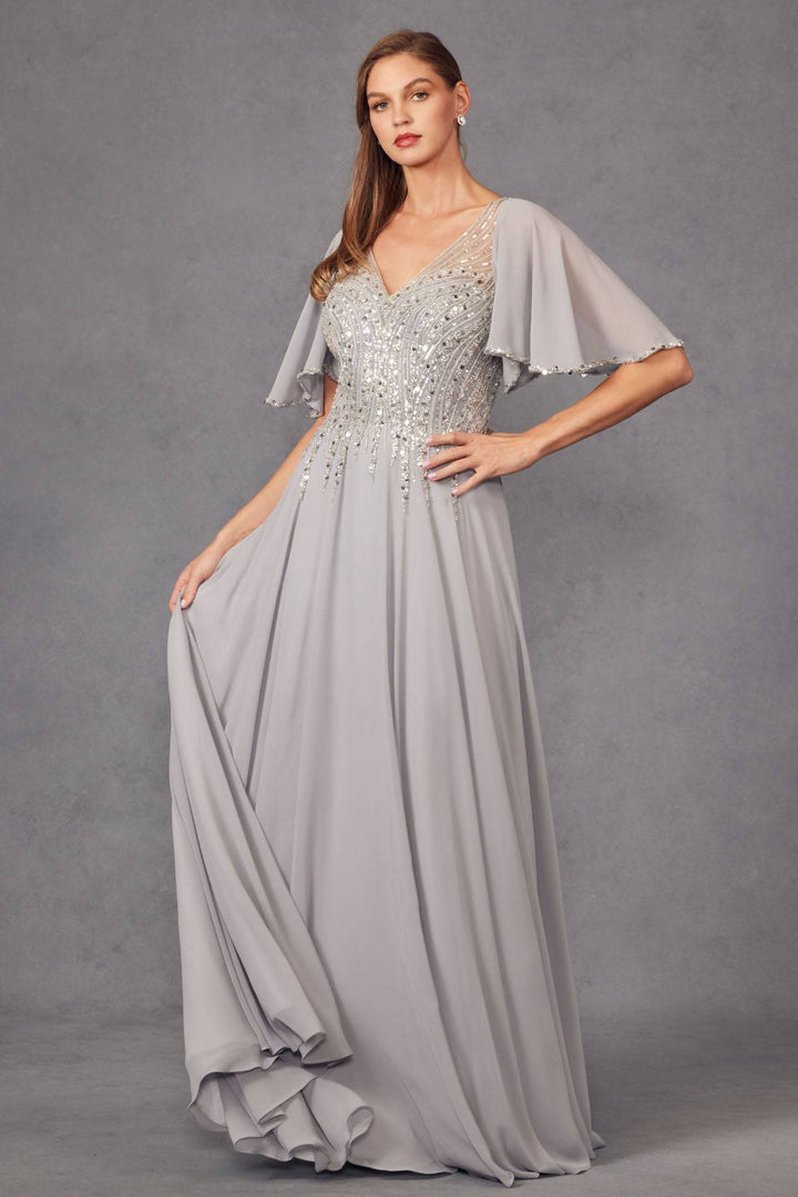 Chiffon Sleeves Deep V-Neck Embroidered Sequin Long Mother Of The Bride Dress JTJTM14F