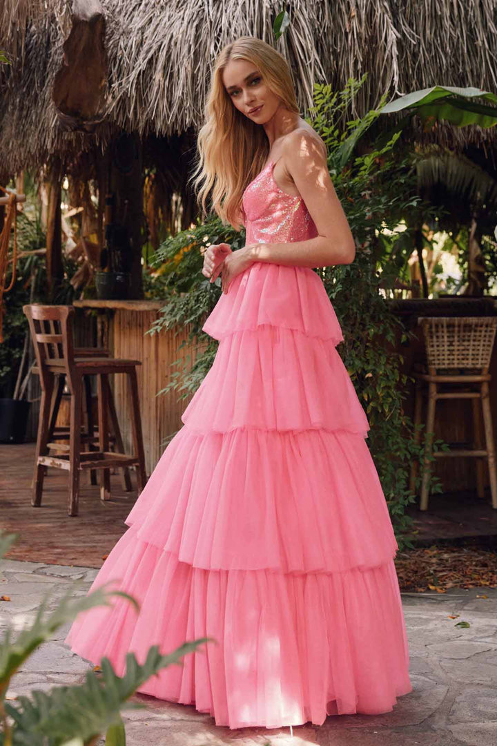 Tulle Ruffle Sequin Bodice V-Neckline Long Prom Dress JTJT2457H