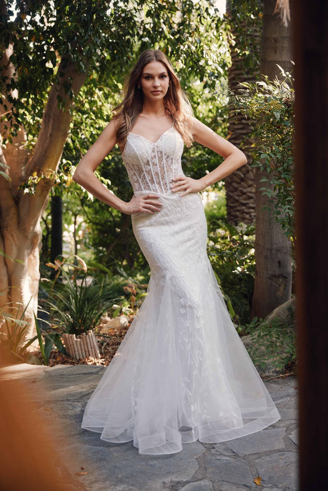 Fitted Sheer Bodice Tulle Mermaid Skirt Long Wedding Dress JTJT2441SW-Shangri-La Fashion