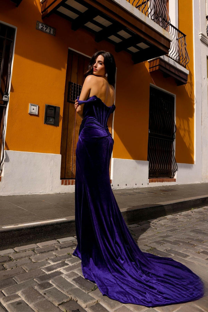 Velvet Off Shoulder Side Slit Trail Long Evening Dress NXR1244-4