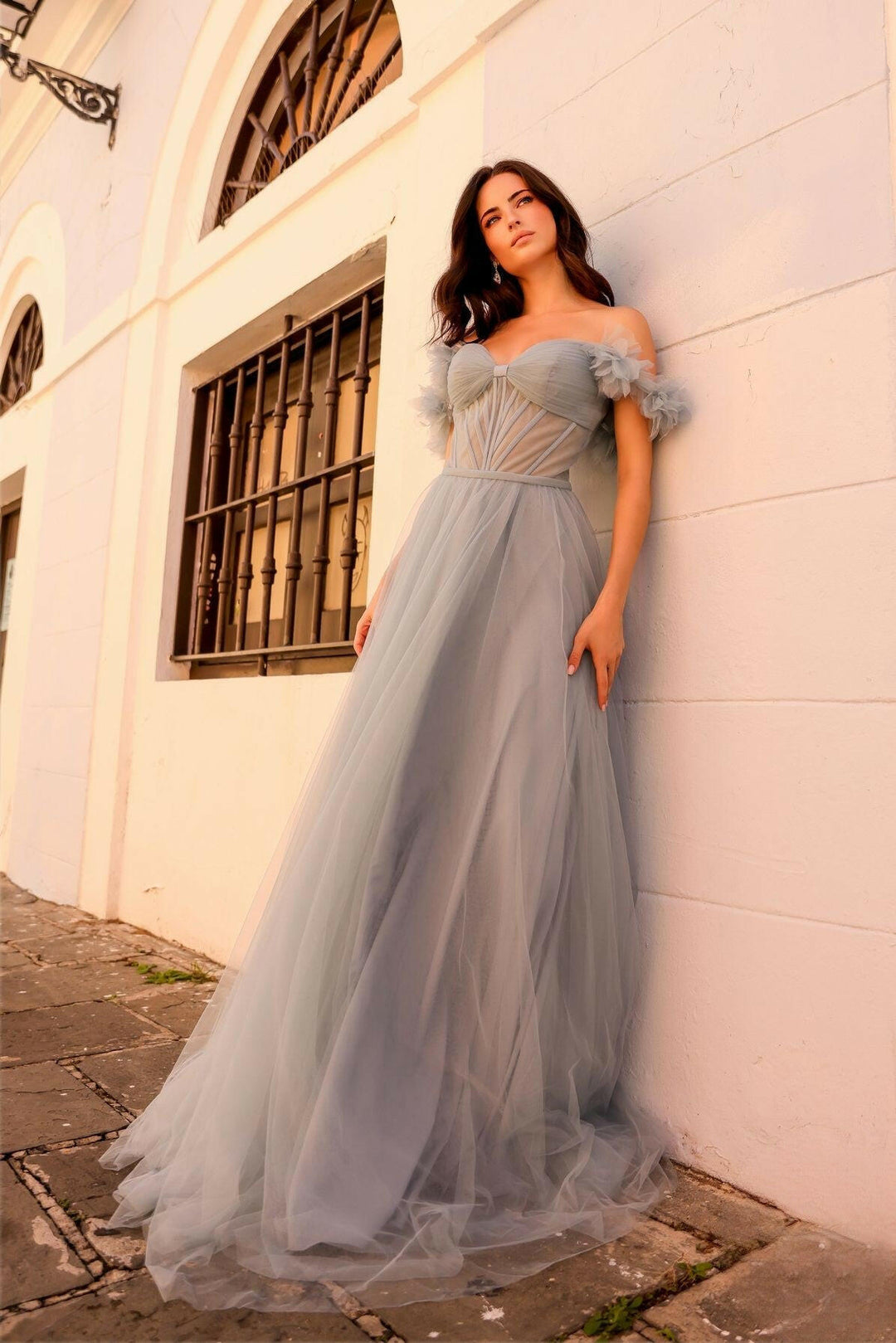 Tulle Sheer Bodice Off Shoulder Straps Open Back Long Prom Dress NXY1474-0