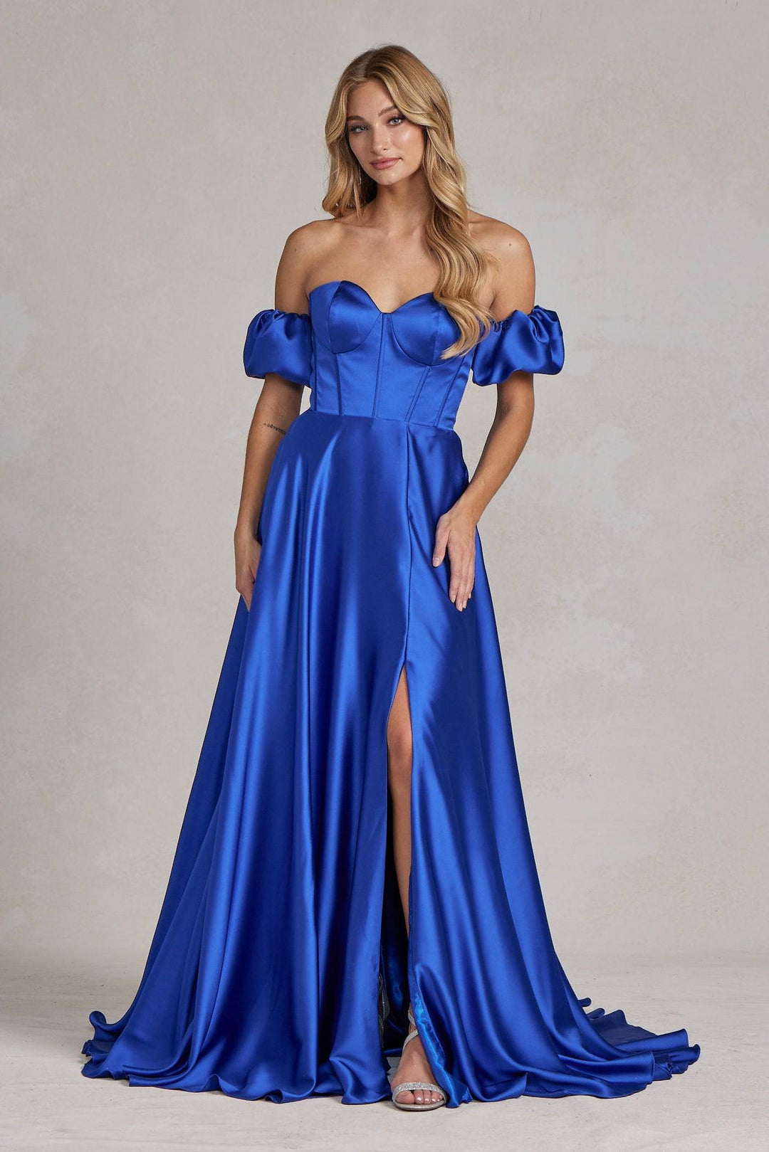 Off Shoulder Sweetheart Satin Side Slit Long Prom Dress NXK1122