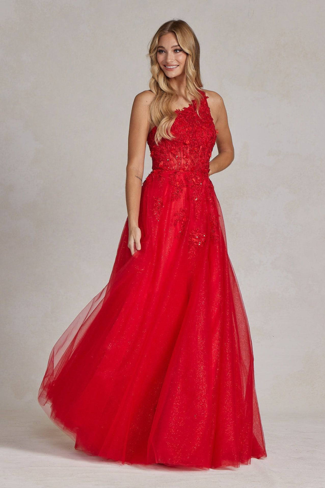 A-Line Embroidered Bodice Halter Open Back Long Prom Dress NXT1143