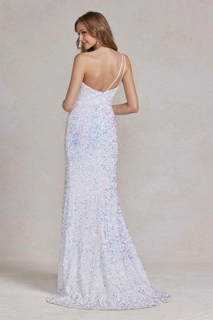 Side Slit One Shoulder Embroidered Sequins Open Back Long Evening Dress NXR1202-3