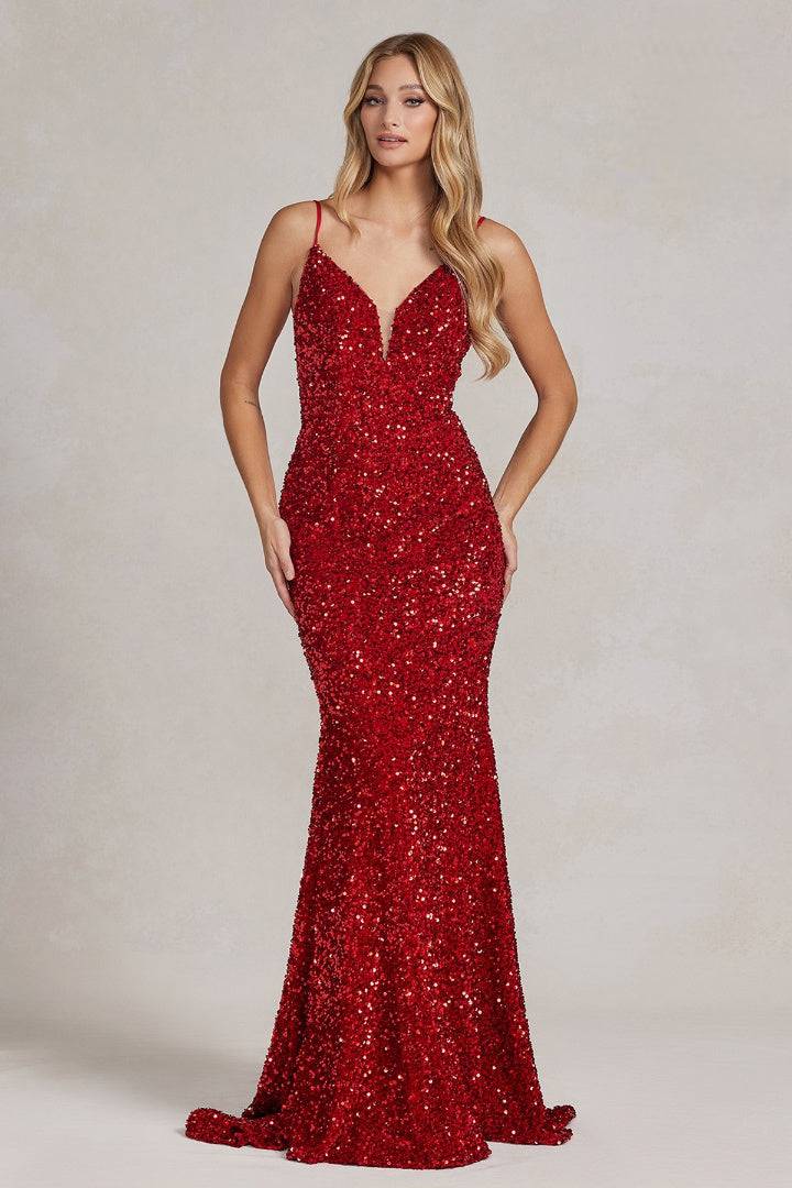 Mermaid Embroidered Sequins Sleeveless Open V-Back Long Evening Dress NXR1071