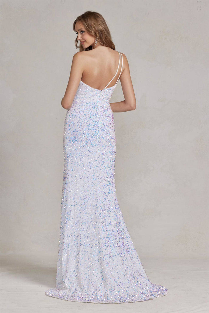 Side Slit One Shoulder Embroidered Sequins Open Back Long Evening Dress NXR1202