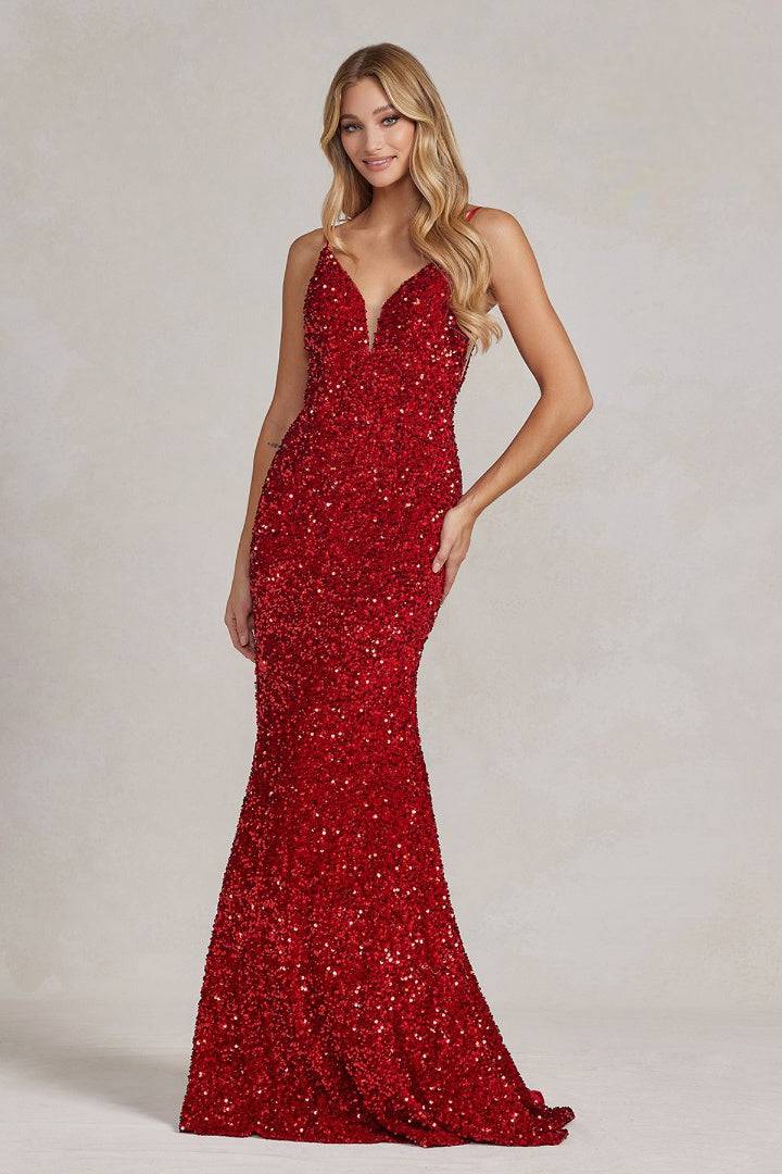 Mermaid Embroidered Sequins Sleeveless Open V-Back Long Evening Dress NXR1071