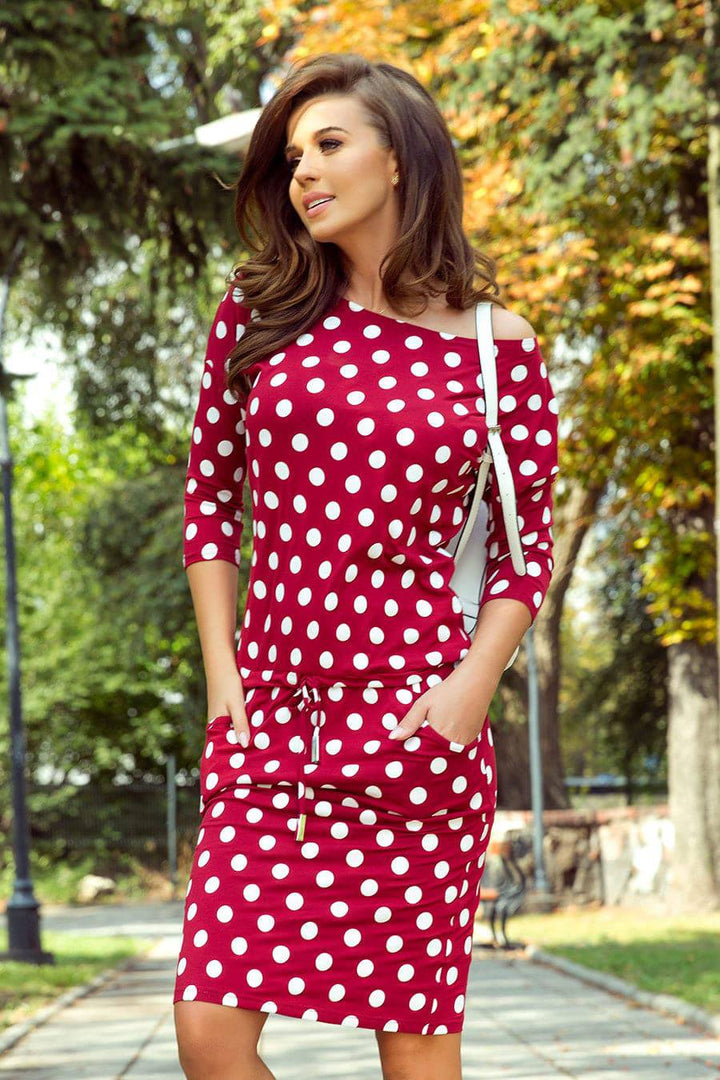 Numoco 13-111 Sports dress with binding and pockets - burgundy + polka dots-Shangri-La Fashion