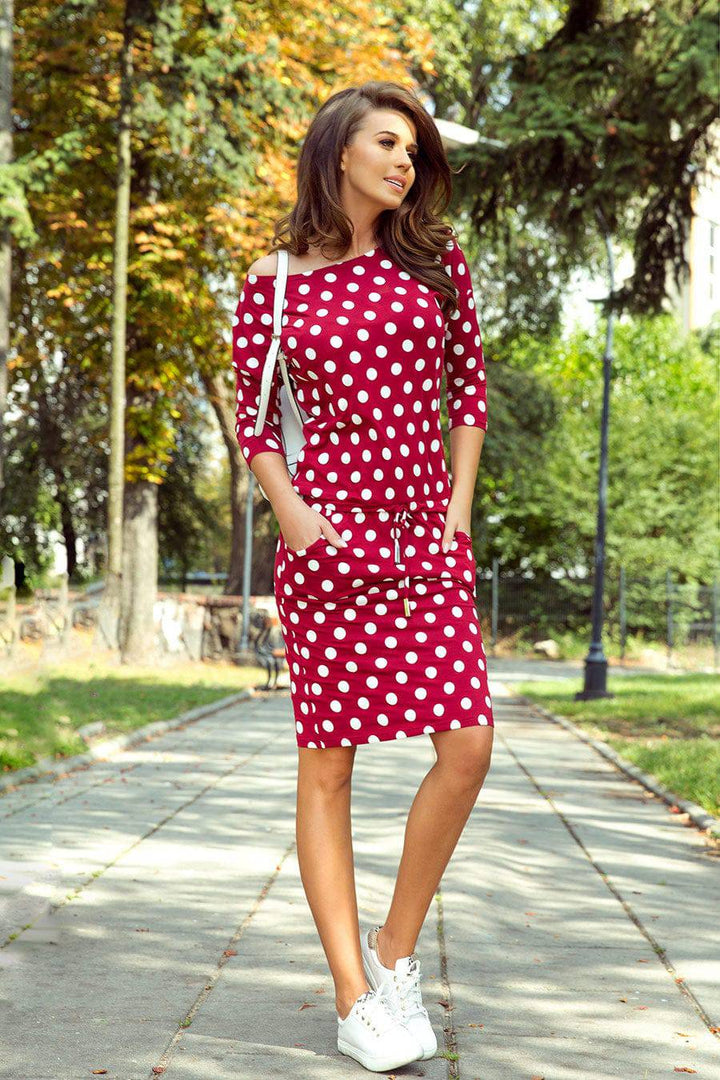 Numoco 13-111 Sports dress with binding and pockets - burgundy + polka dots-Shangri-La Fashion