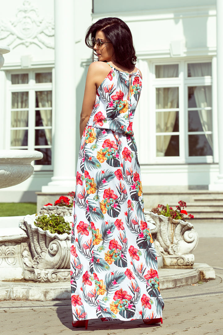 Numoco 191-4 Long dress tied at the neck - flowers on a white background-1