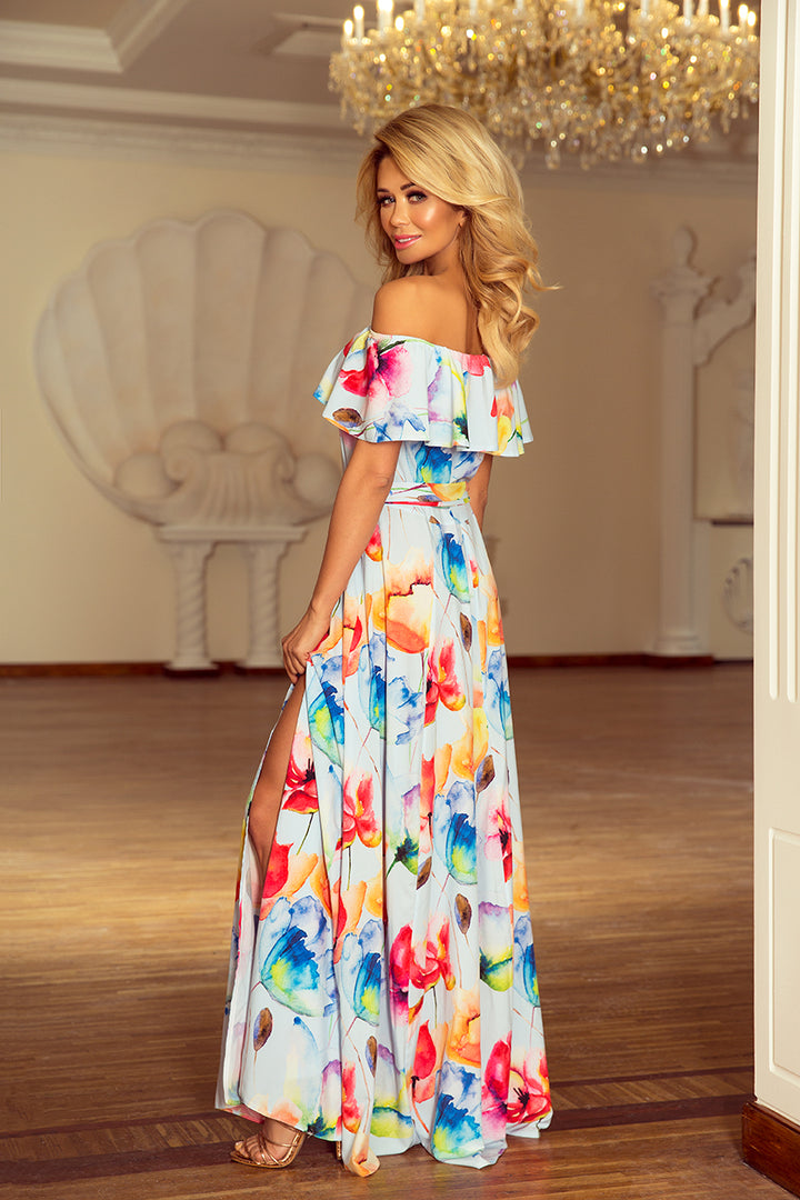 Numoco 194-1 Long dress with frill - colorful painted flowers-1