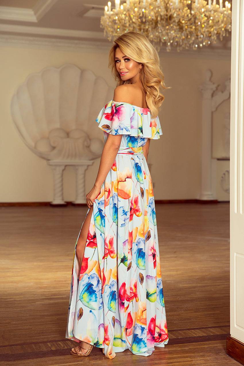 Numoco 194-1 Long dress with frill - colorful painted flowers-Shangri-La Fashion