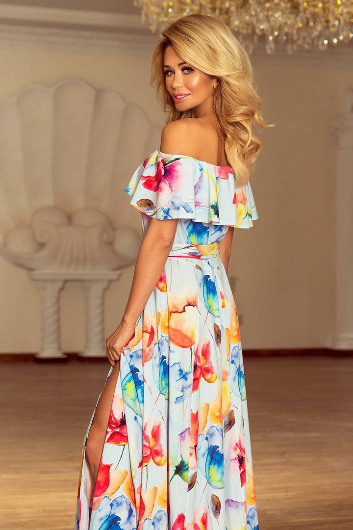 Numoco 194-1 Long dress with frill - colorful painted flowers-Shangri-La Fashion