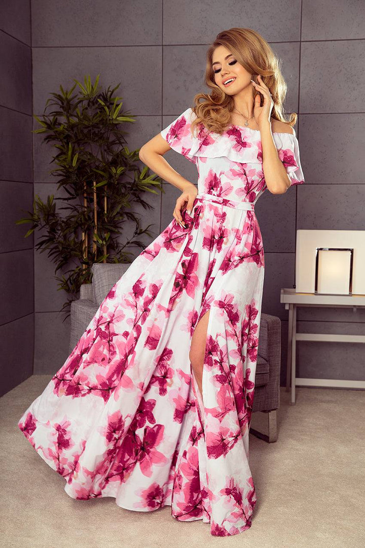 Numoco 194-2 Long dress with frill - big pink flowers-Shangri-La Fashion