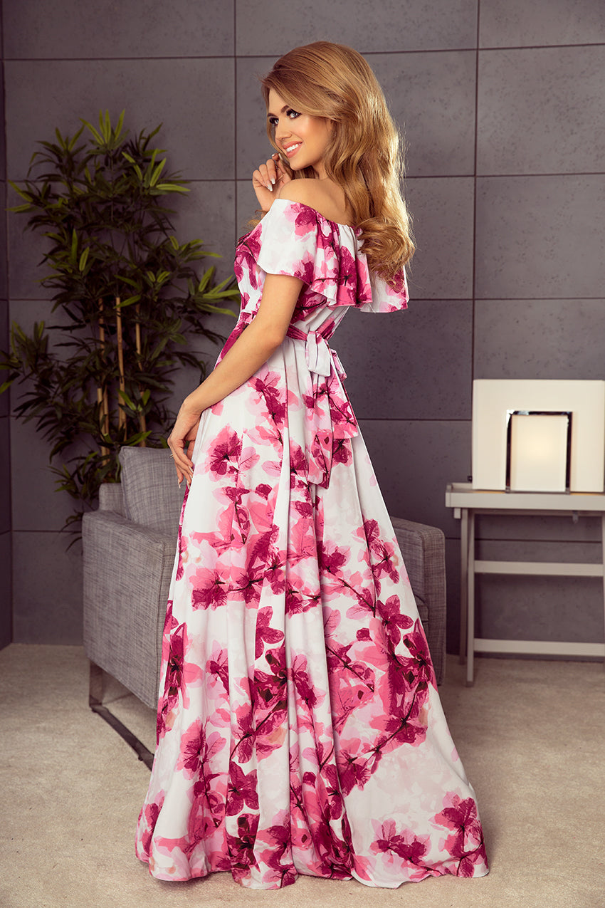 Numoco 194-2 Long dress with frill - big pink flowers-1