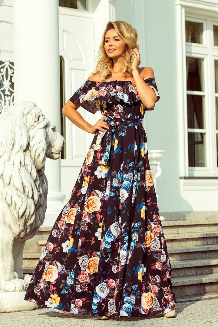 Numoco 194-3 Long dress with frill - black + colorful flowers-Shangri-La Fashion