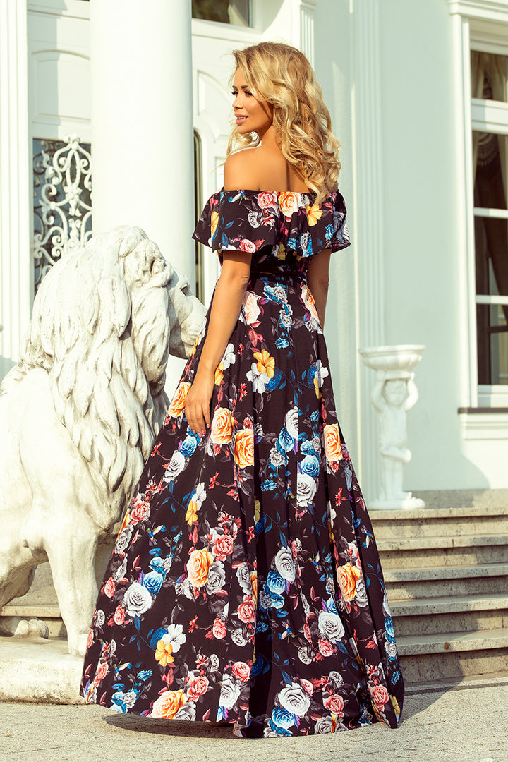 Numoco 194-3 Long dress with frill - black + colorful flowers-1