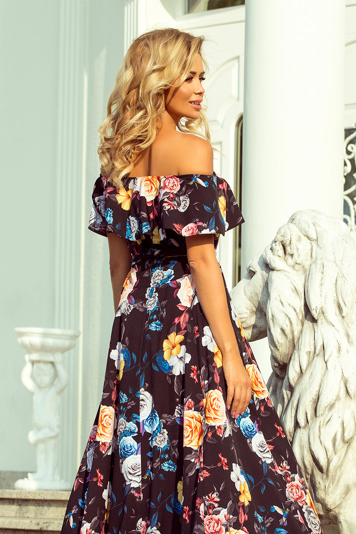 Numoco 194-3 Long dress with frill - black + colorful flowers-3