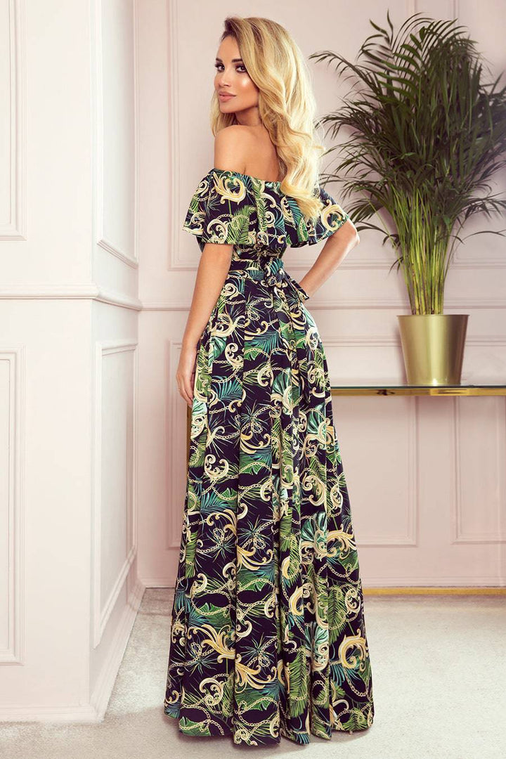 Numoco 194-4 Long dress with frill - green leaves and gold chains-Shangri-La Fashion