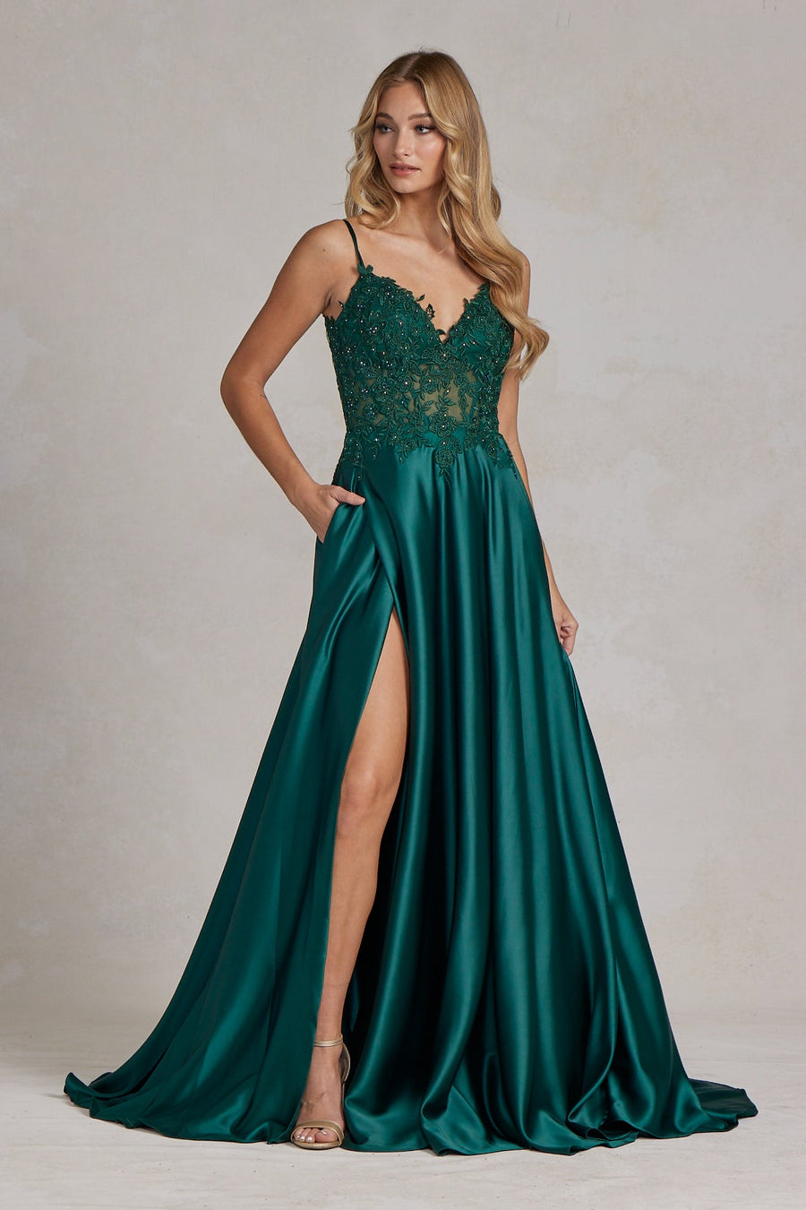 Embroidered Lace Bodice Open V-Back Satin Skirt Long Prom Dress NXK1121-0